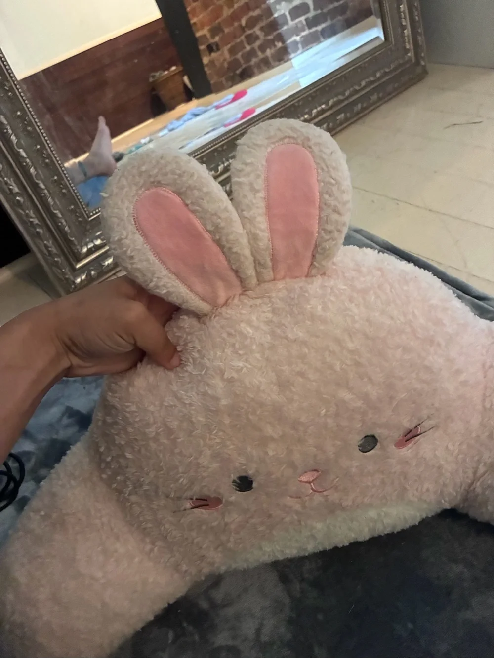 Teens Backrest Large Pink White Sherpa Bed Arms Bunny Ears Plush Pillow CUTE